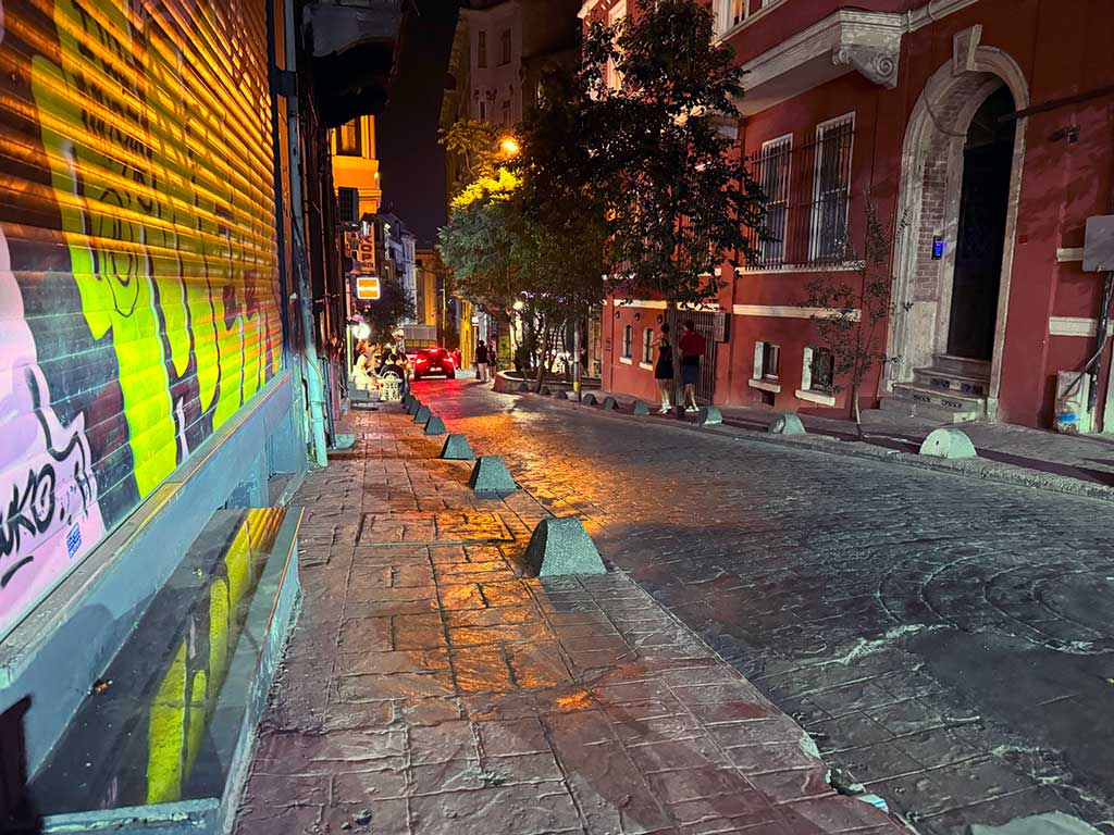 Vibrant nightlife in Beyoğlu, Istanbul with lively bars and music venues.